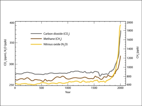 Concentrations of atmospheric greenhouse gases (GHGs).